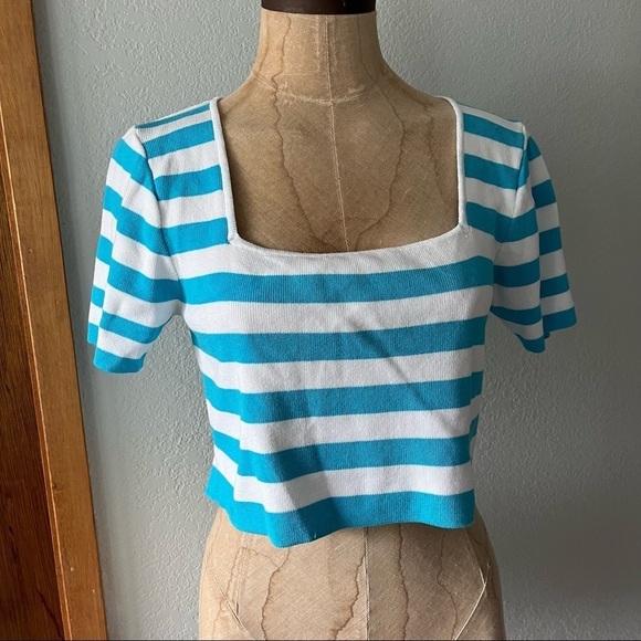 ZARA sz XL Striped Crop Top Bright Blue White Short Sleeve Knit - Picture 1 of 7